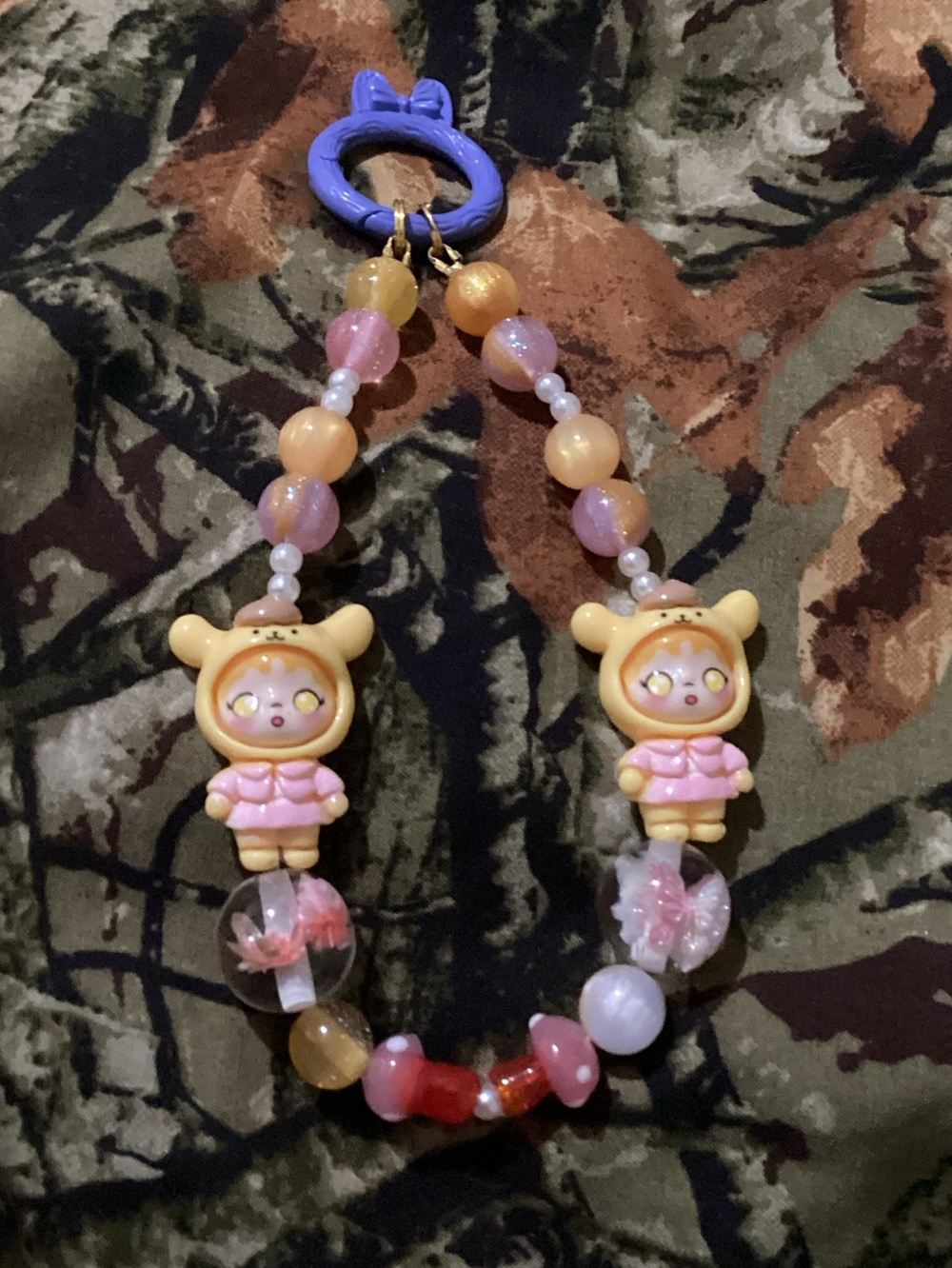 Hand made Kawaii Double Bear Charm Beaded bag chain- Pastel Pink & Yellow